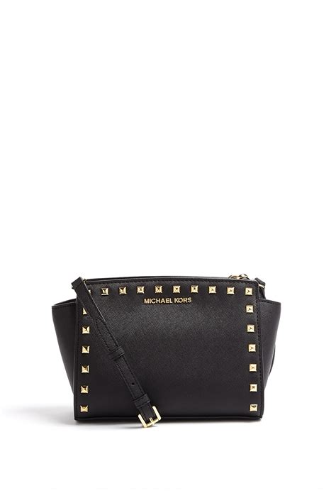 michael michael kors black selma studded medium messenger bag|michael kors selma satchel.